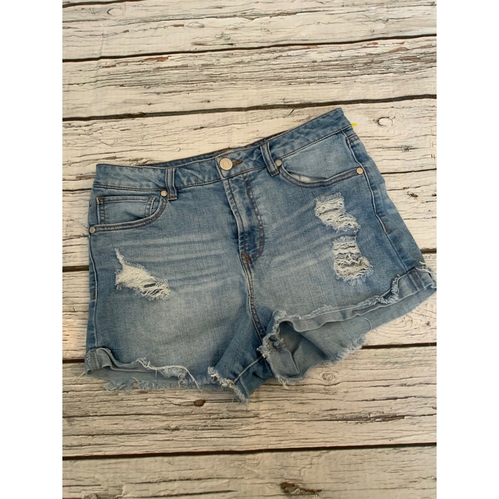 Refuge Womens Size 10 Distressed Denim Shorts Light Wash High Waisted Frayed Hem